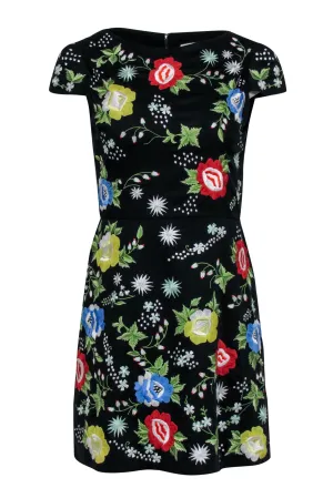 Alice & Olivia - Black A-Line Dress w/ Multicolor Floral Embroidery Sz 4