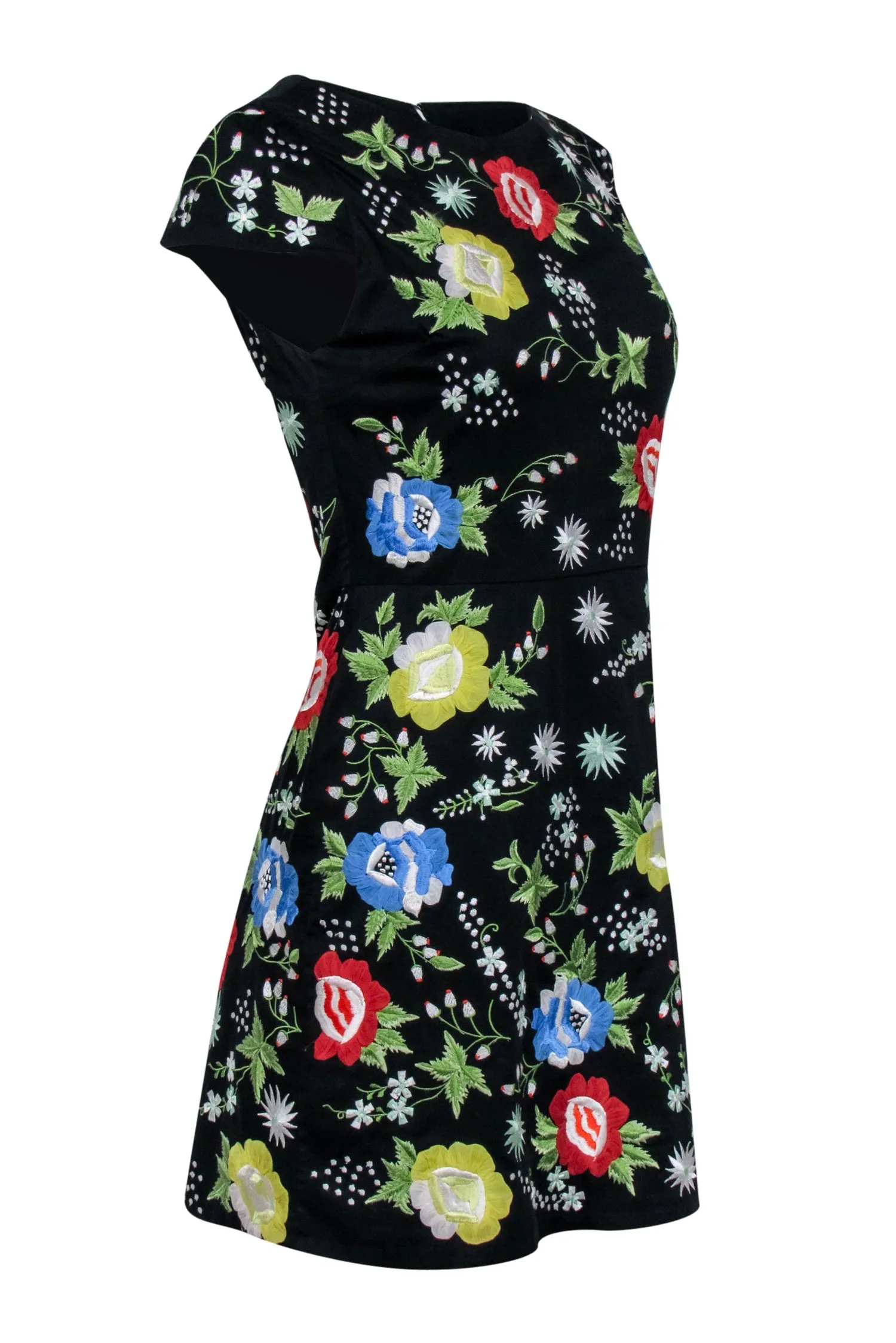 Alice & Olivia - Black A-Line Dress w/ Multicolor Floral Embroidery Sz 4