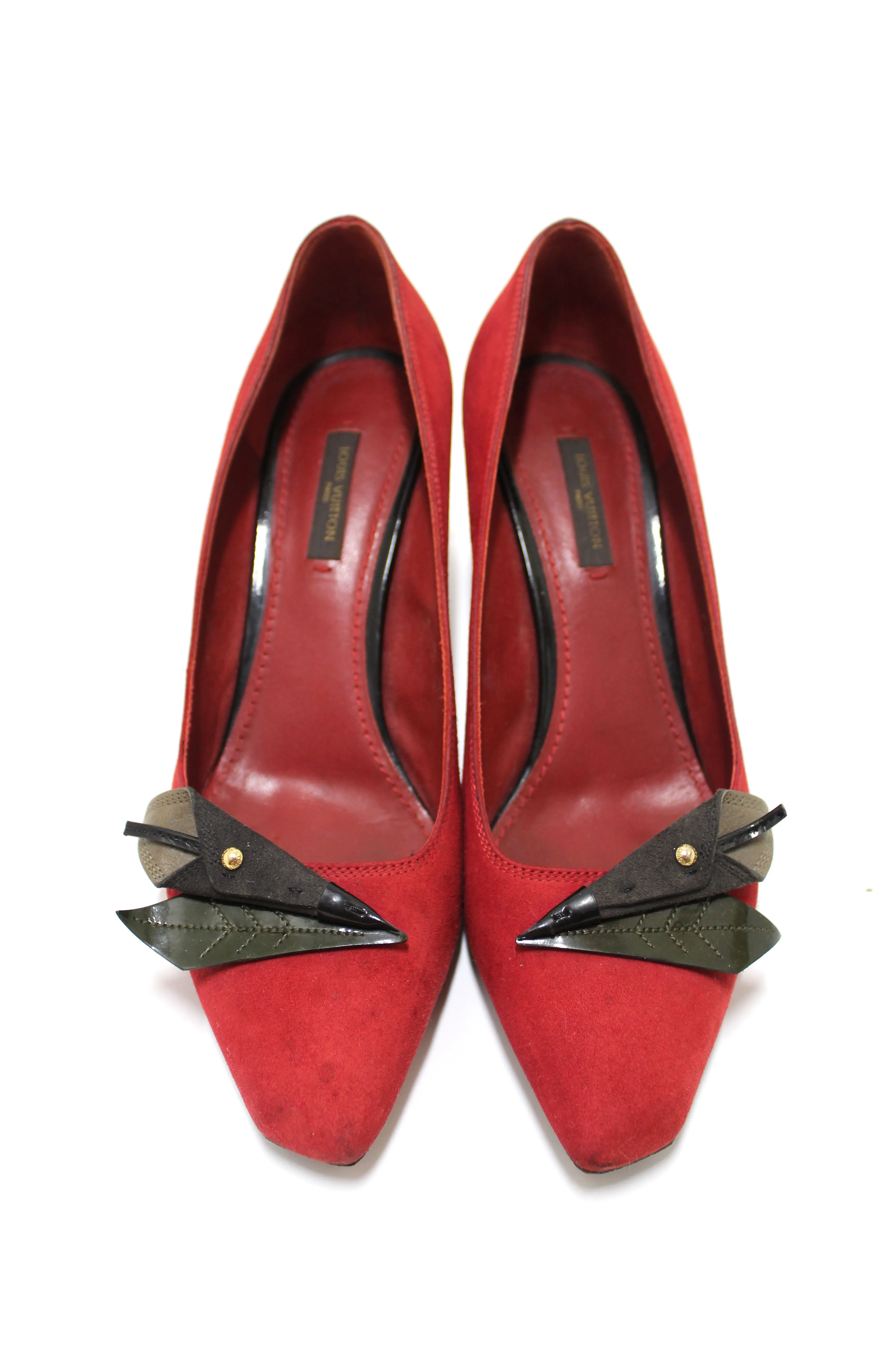 Authentic Louis Vuitton Deep Red Suede Leather Heel Shoes Size 38