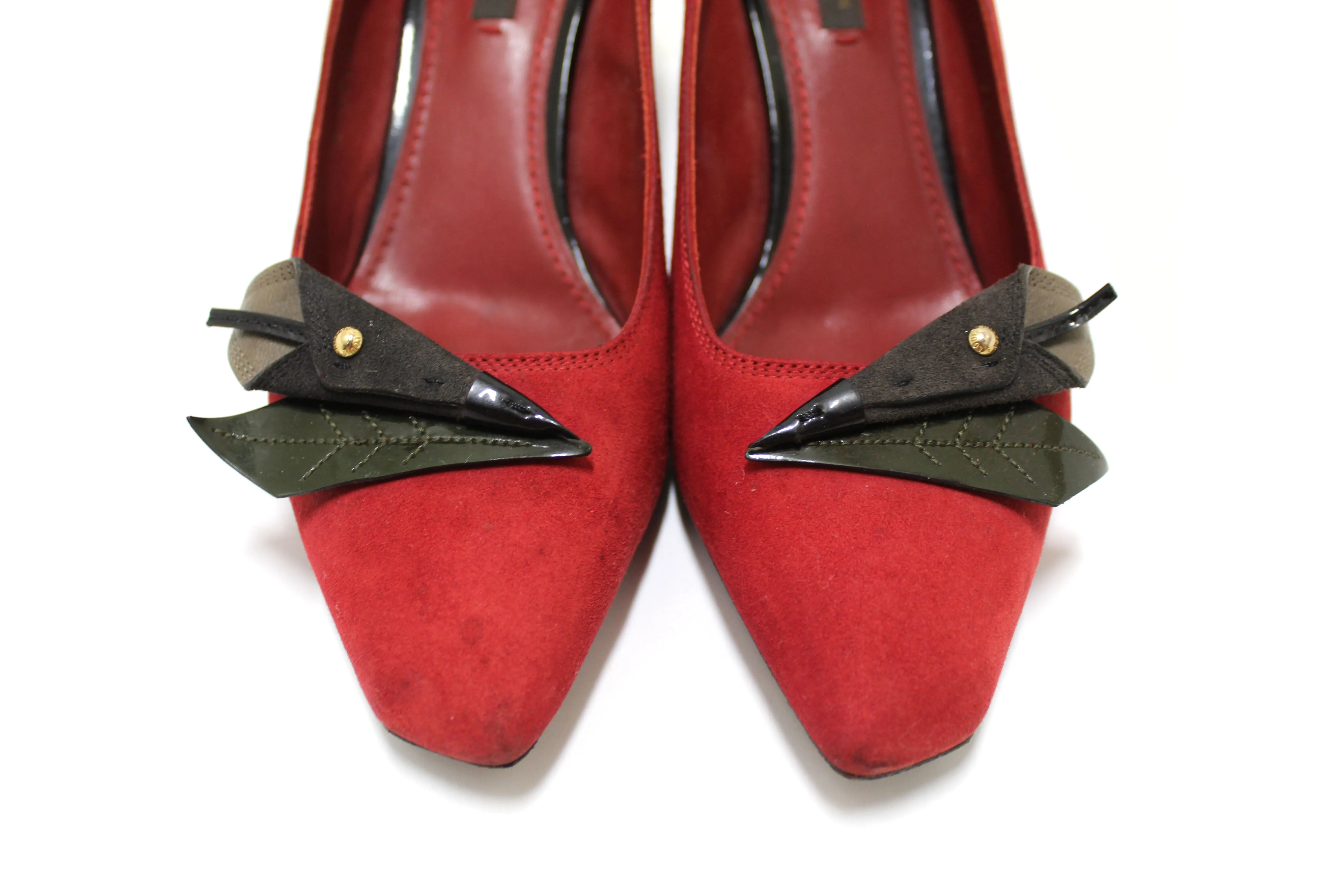 Authentic Louis Vuitton Deep Red Suede Leather Heel Shoes Size 38