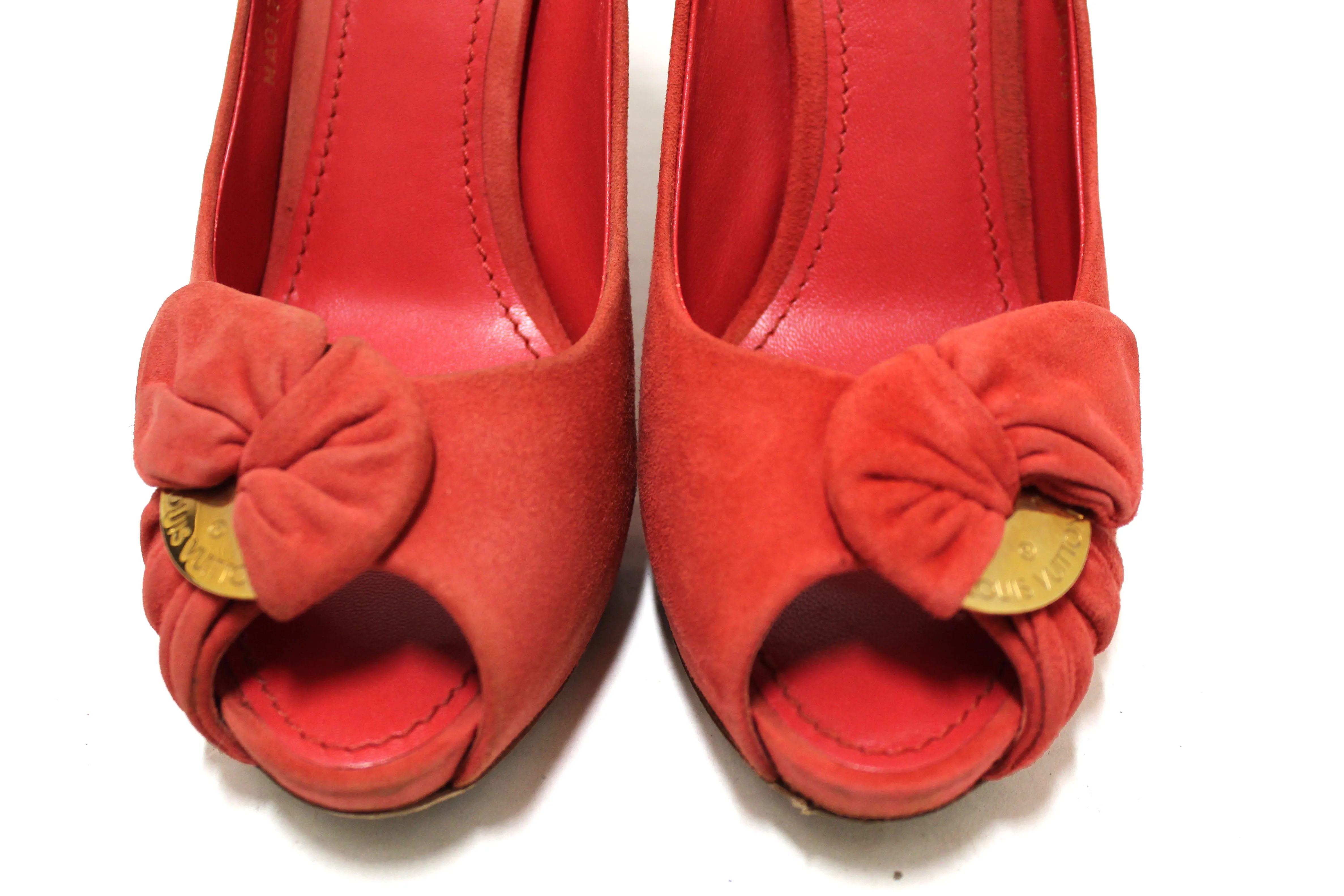 Authentic Louis Vuitton Red Suede Leather Pumps Shoes Size 37