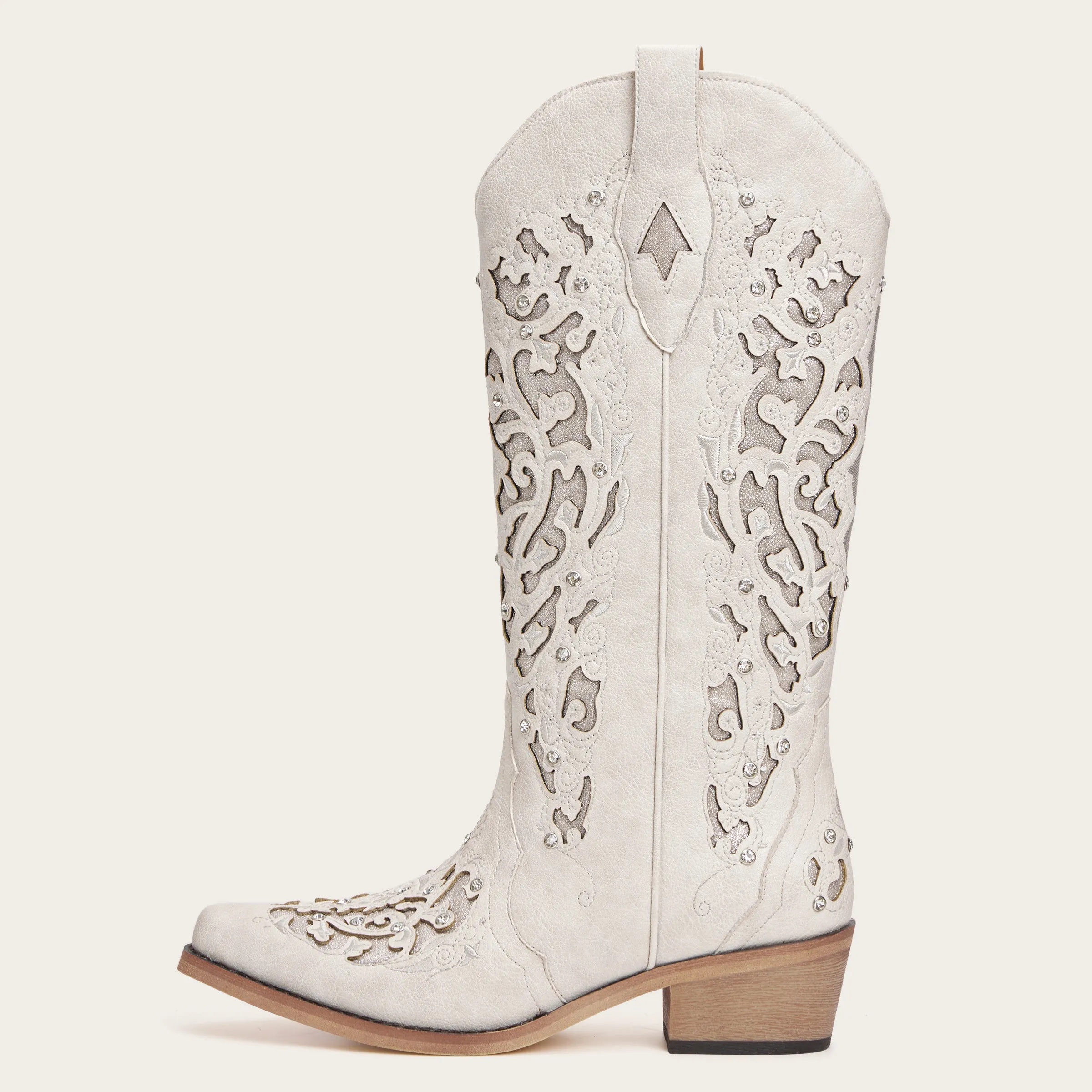 Ballou - White Embroidered Cowgirl Boots with Rhinestone Accents