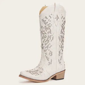 Ballou - White Embroidered Cowgirl Boots with Rhinestone Accents