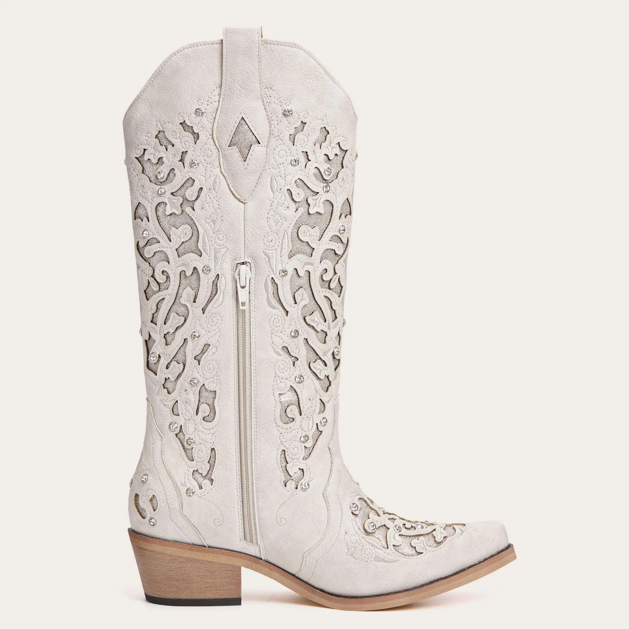 Ballou - White Embroidered Cowgirl Boots with Rhinestone Accents