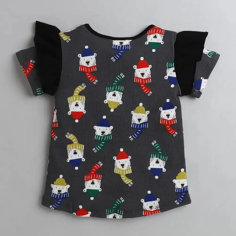 Bear Printed Sleeves Frill Top