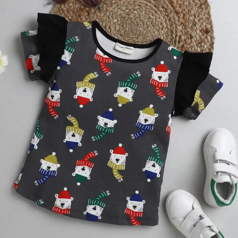 Bear Printed Sleeves Frill Top