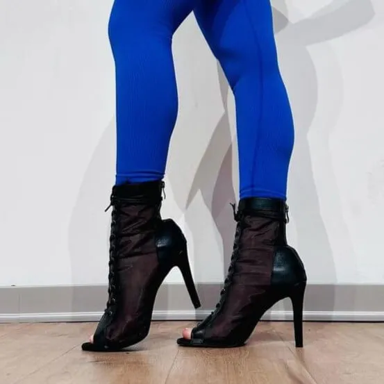 Black Leather Peep Toe Lace-up Front Mesh Stiletto Heels Boots
