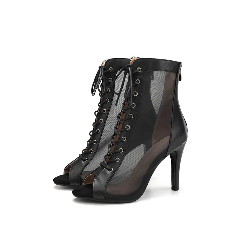 Black Leather Peep Toe Lace-up Front Mesh Stiletto Heels Boots