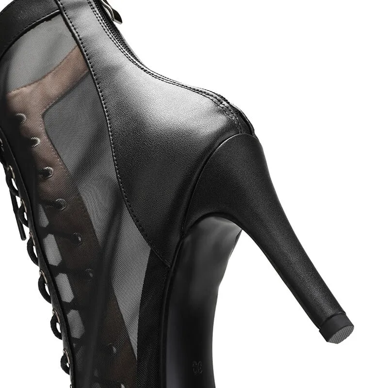 Black Leather Peep Toe Lace-up Front Mesh Stiletto Heels Boots