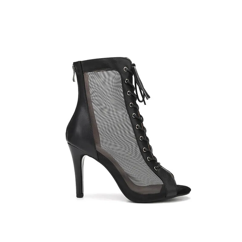 Black Leather Peep Toe Lace-up Front Mesh Stiletto Heels Boots