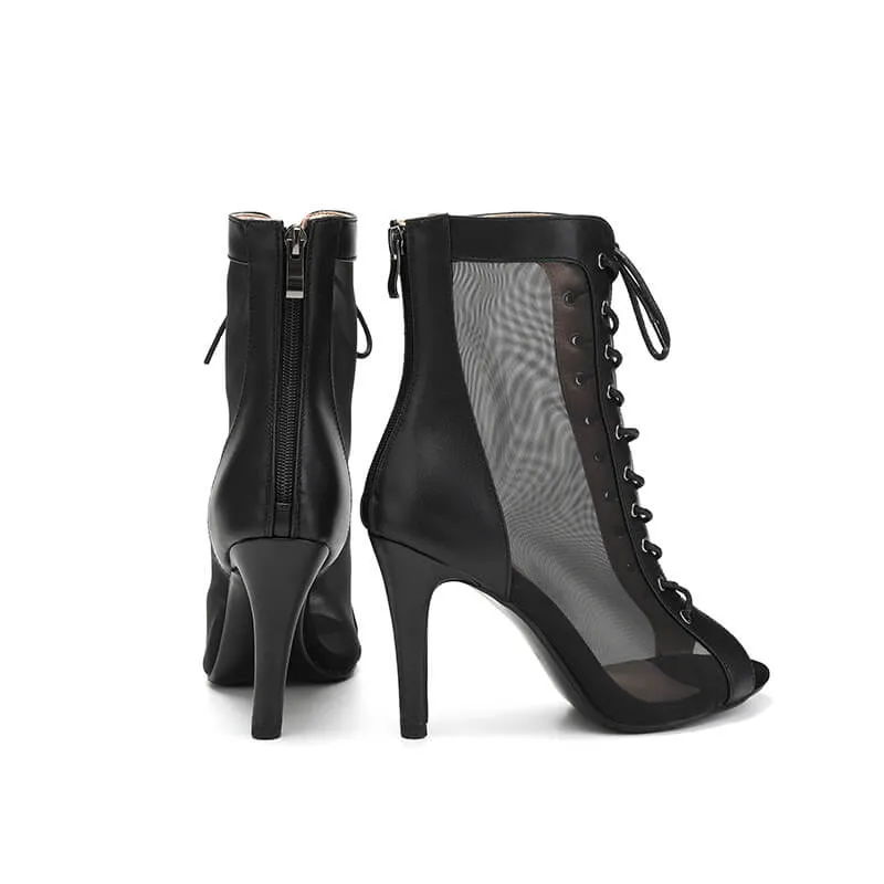 Black Leather Peep Toe Lace-up Front Mesh Stiletto Heels Boots