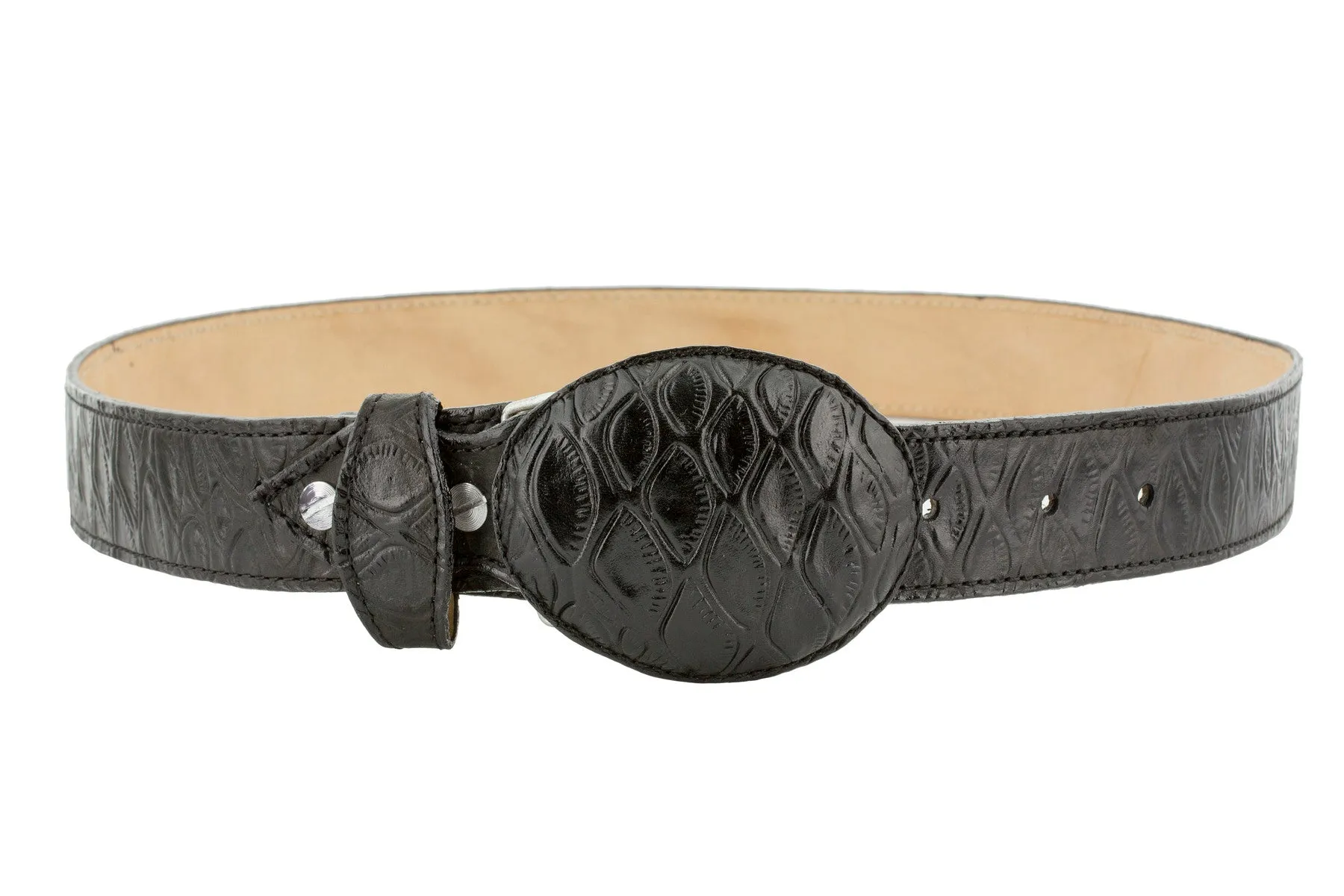 Black Western Cowboy Belt Anteater Print Leather - Rodeo Buckle