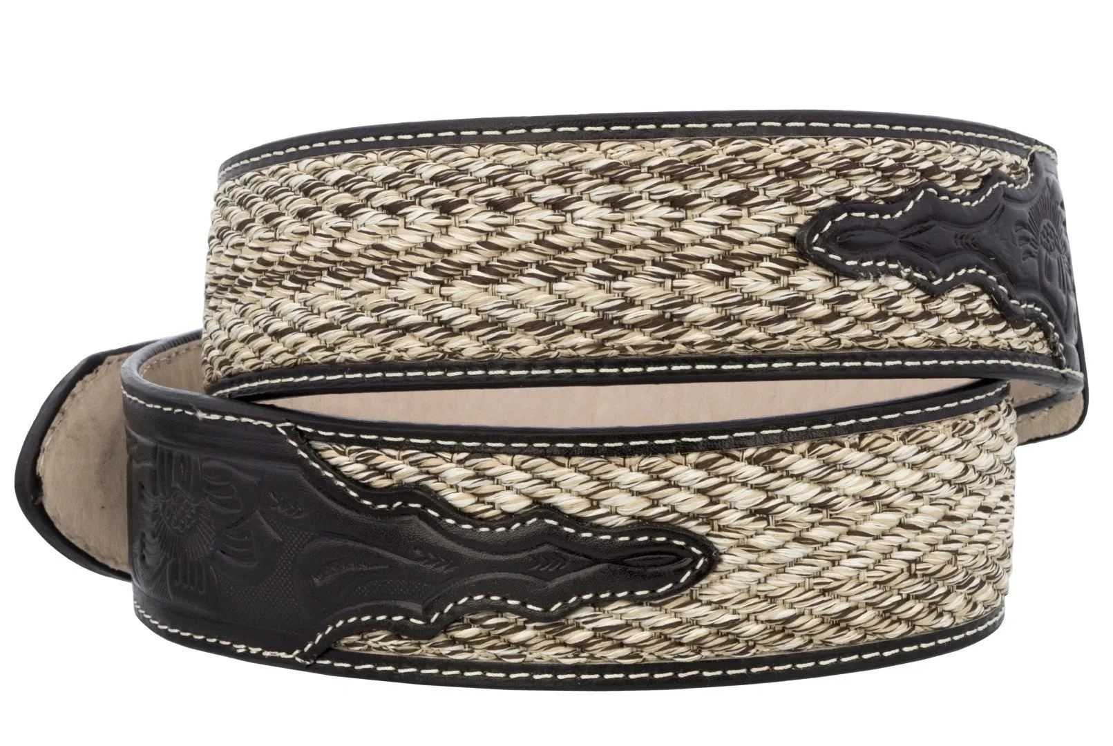 Black Western Cowboy Belt Tooled Braided Leather - Rodeo Buckle