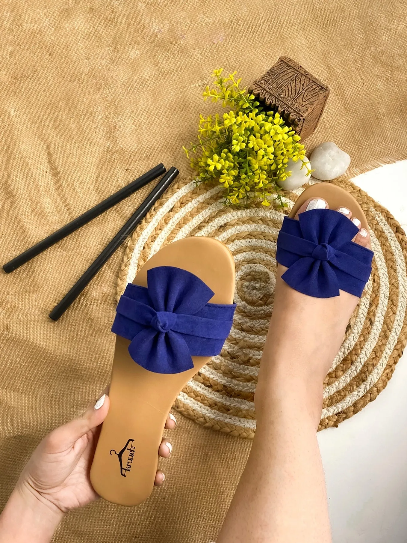 Brauch Women's Blue Suede Bow Flats Slides