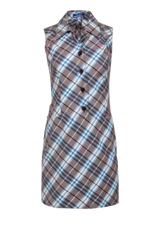 Burberry Blue Label - Light Brown, Blue & White Tartan Print Sheath Dress Sz 4