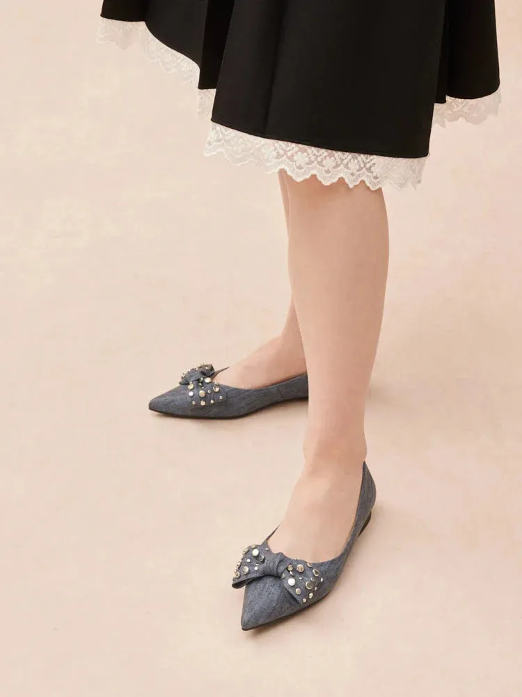 Cassie Denim Studded Bow Flats