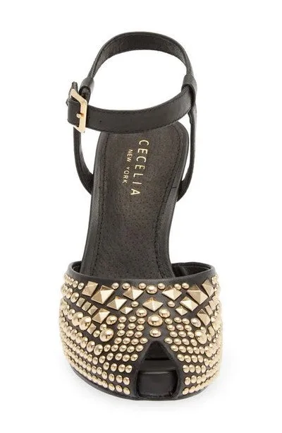 Cecelia New York Birdie Black Ankle Strap Dress Gold Detailed Womens Pumps Shoes