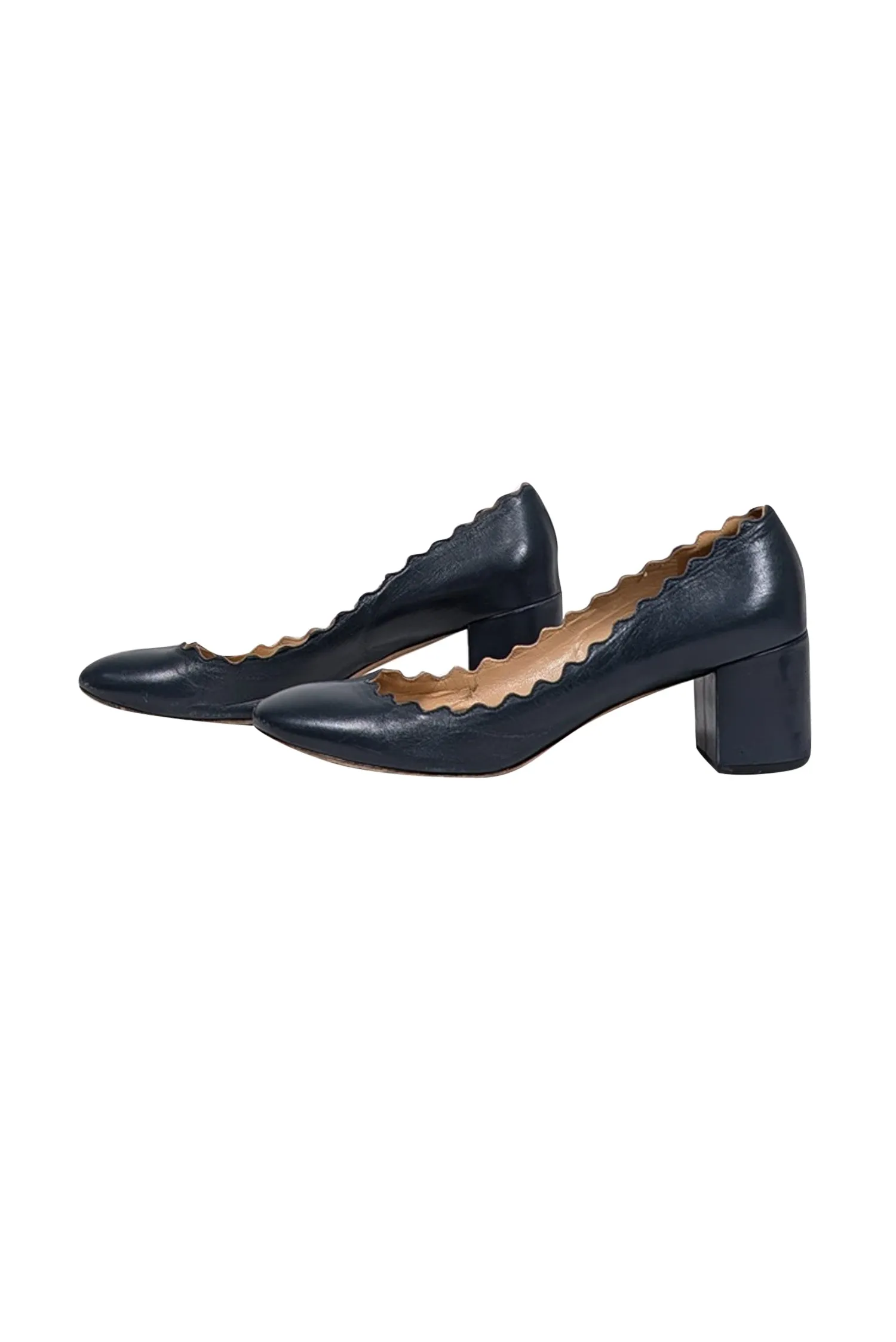 Chloe - Navy Leather Scallop Edge Low Basic Pumps Sz 8