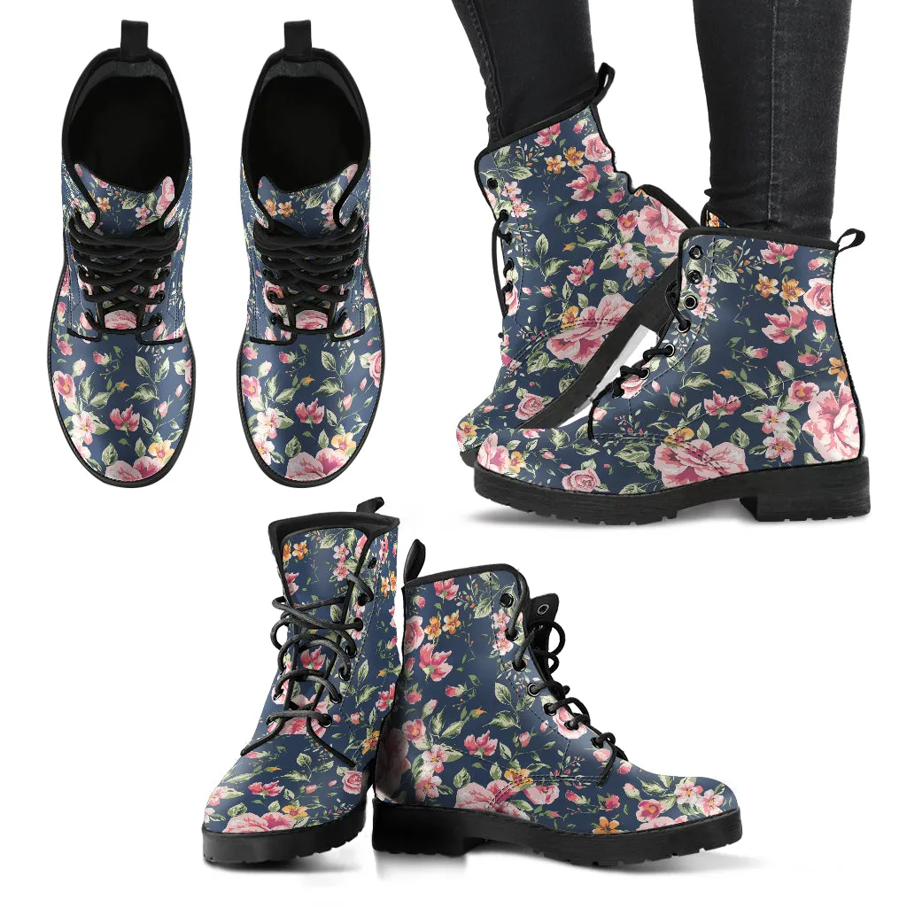 Combat Boots for Women - Floral Pattern 2 Handcrafted Boots | Unique Custom Faux Leather Shoes, Cruelty-free Vegan Handmade Lace Up
