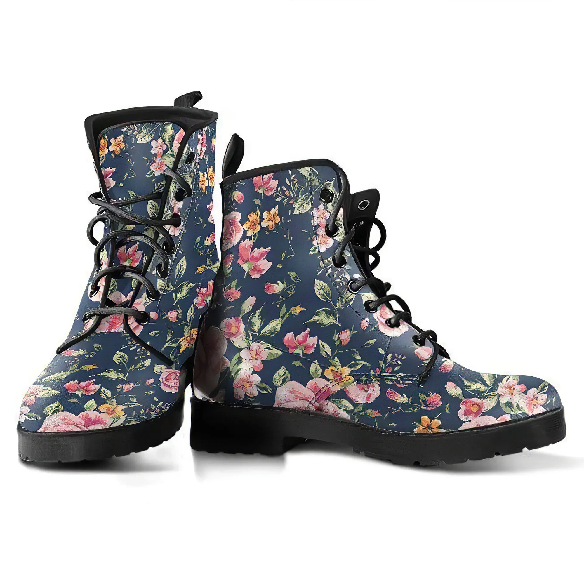 Combat Boots for Women - Floral Pattern 2 Handcrafted Boots | Unique Custom Faux Leather Shoes, Cruelty-free Vegan Handmade Lace Up
