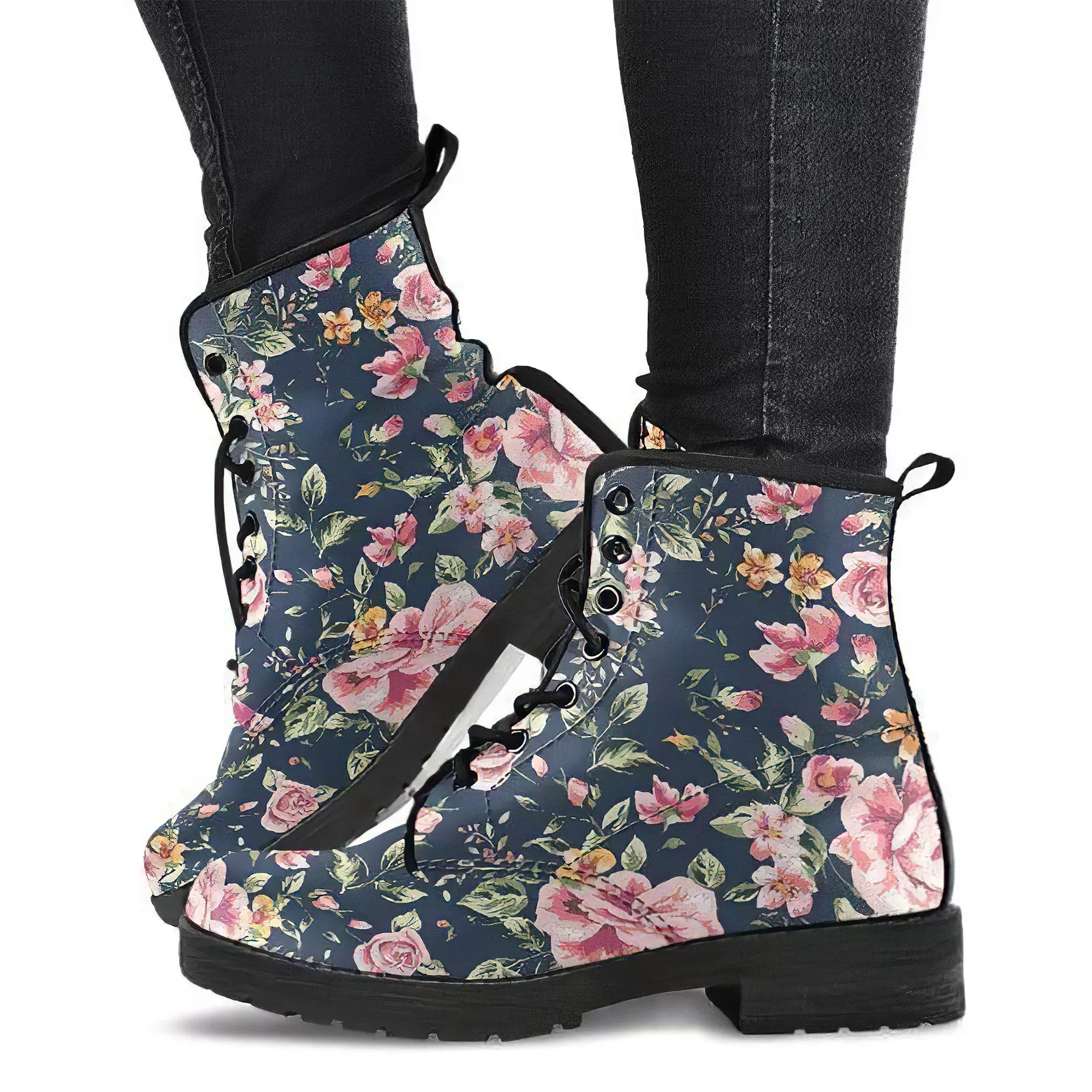 Combat Boots for Women - Floral Pattern 2 Handcrafted Boots | Unique Custom Faux Leather Shoes, Cruelty-free Vegan Handmade Lace Up