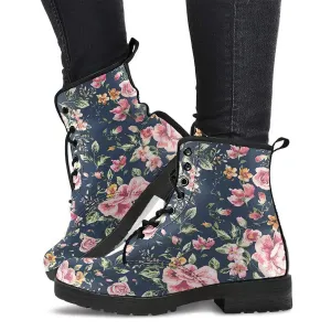 Combat Boots for Women - Floral Pattern 2 Handcrafted Boots | Unique Custom Faux Leather Shoes, Cruelty-free Vegan Handmade Lace Up