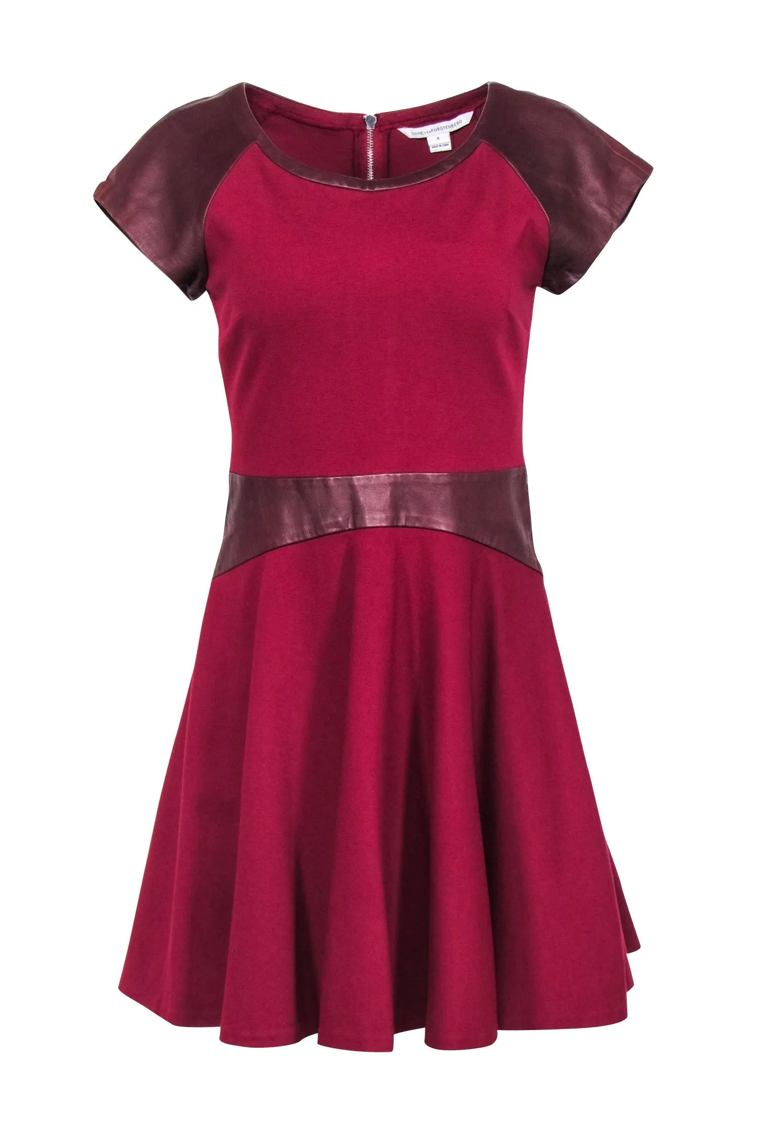 Diane von Furstenberg - Red & Maroon Leather Trim Dress Sz 6