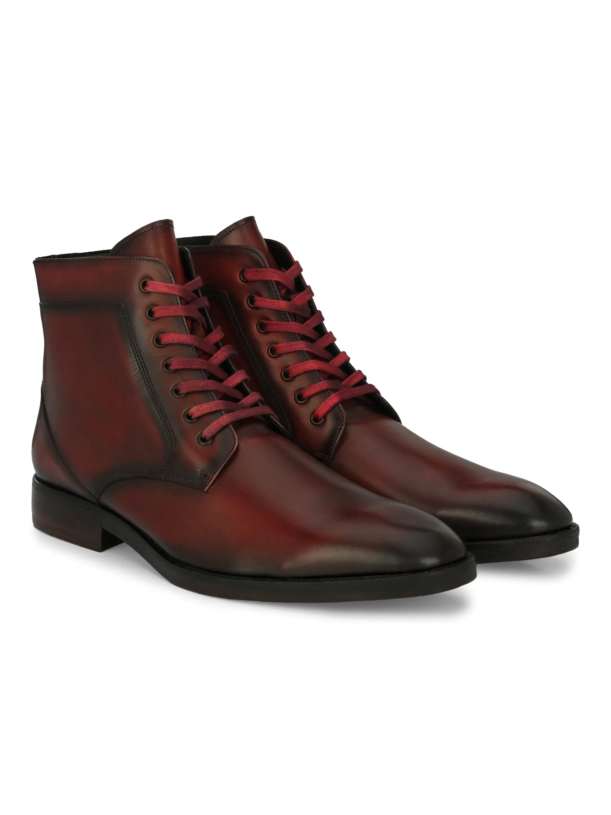 Hitz Men's Red Leather Lace-up Ankle Boot Shoes
