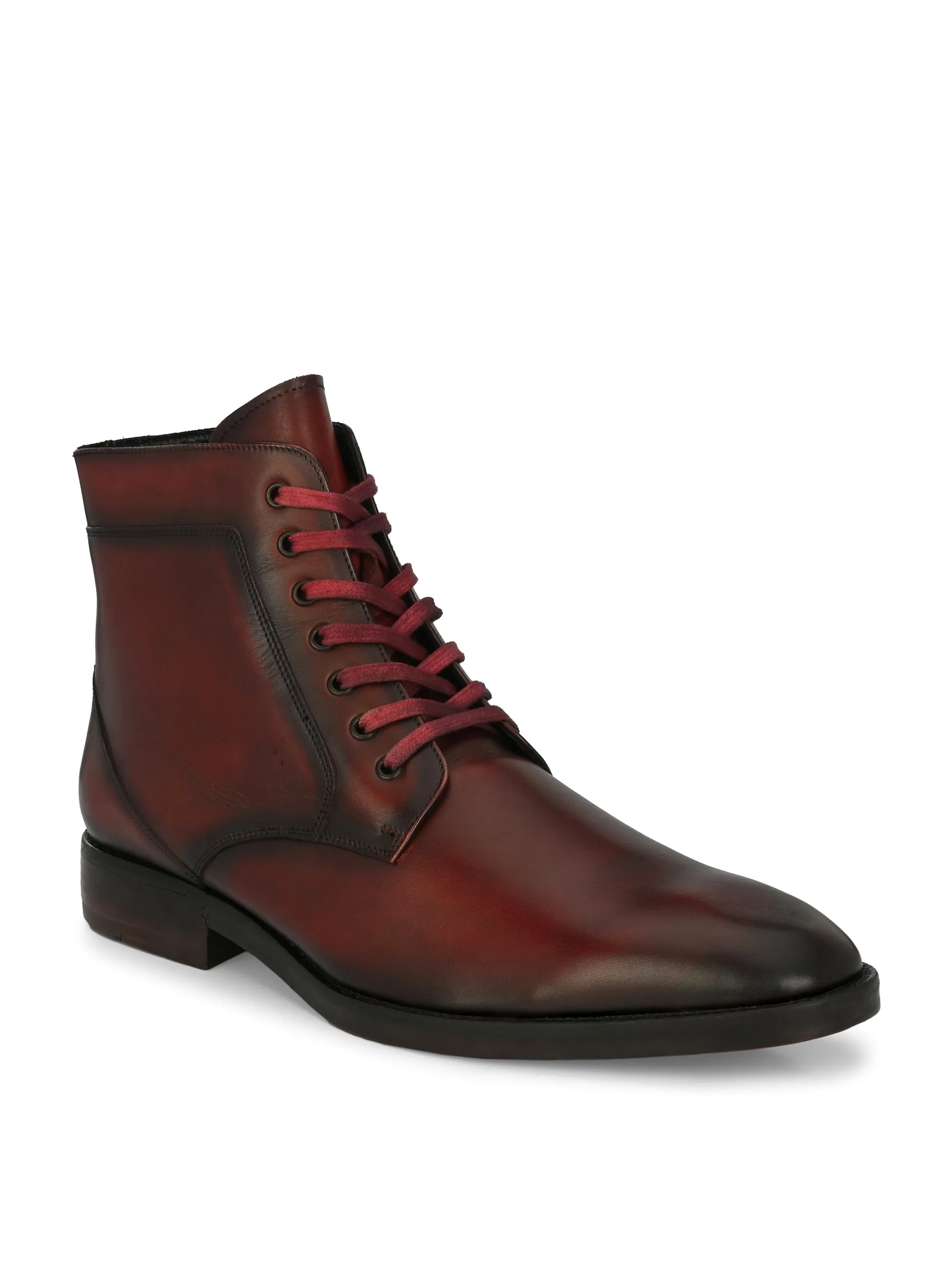 Hitz Men's Red Leather Lace-up Ankle Boot Shoes