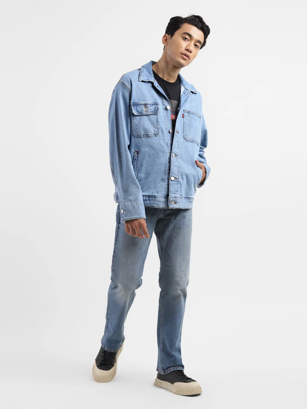 Men's Solid Blue Collar Neck Denim Jacket