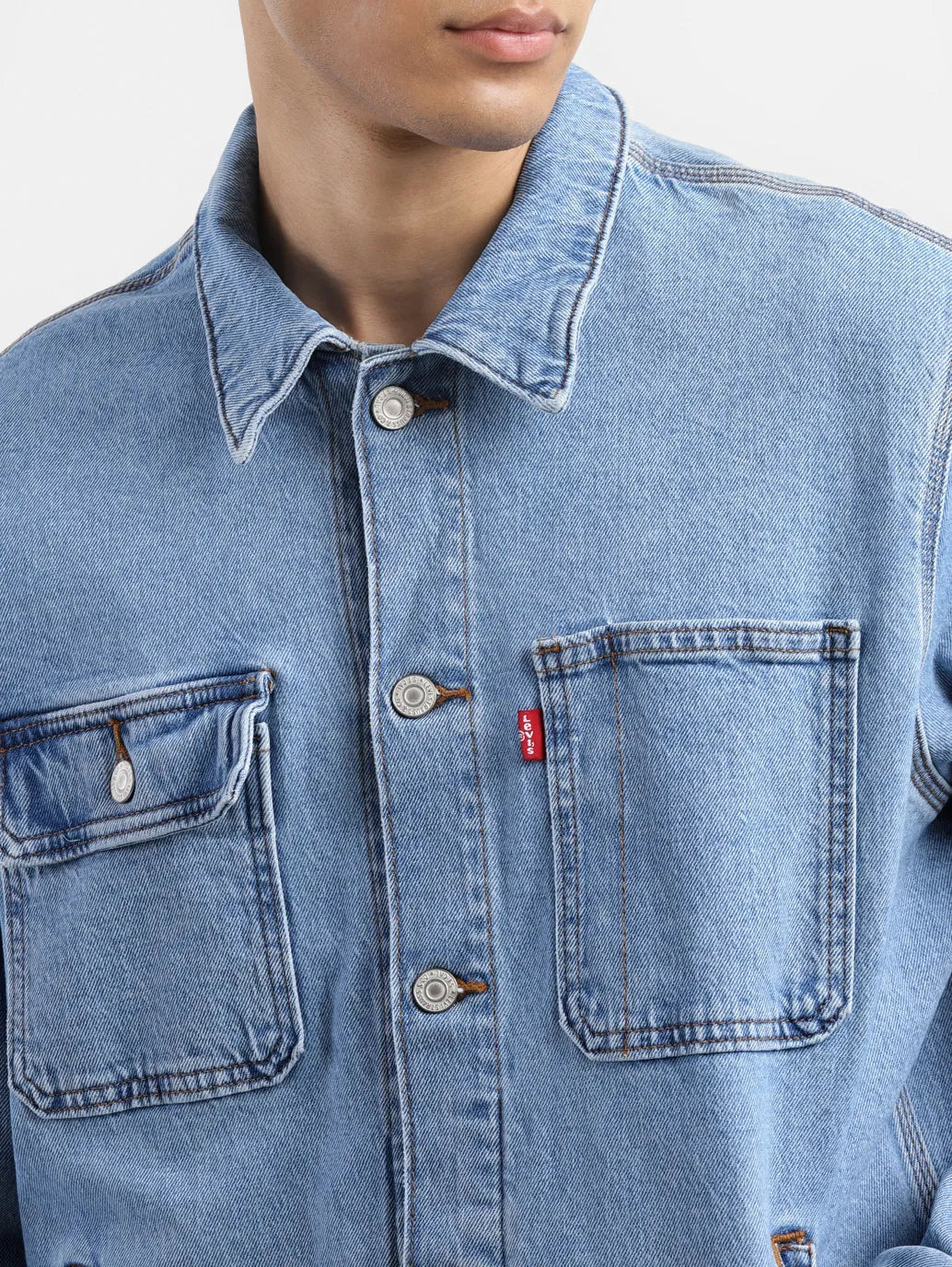 Men's Solid Blue Collar Neck Denim Jacket