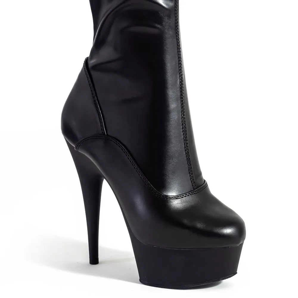 Pleaser Delight 6" Stiletto Platform Knee Boots - Matte Black