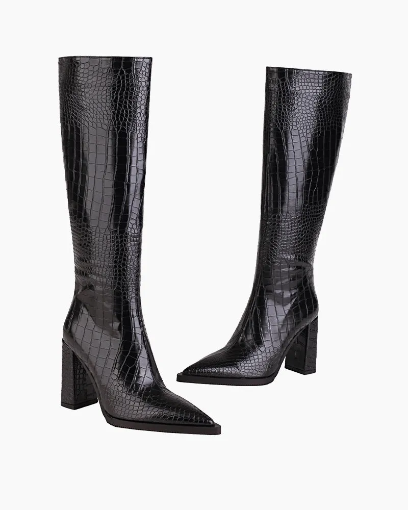 Printed Chunky Heel  Knee High Boots