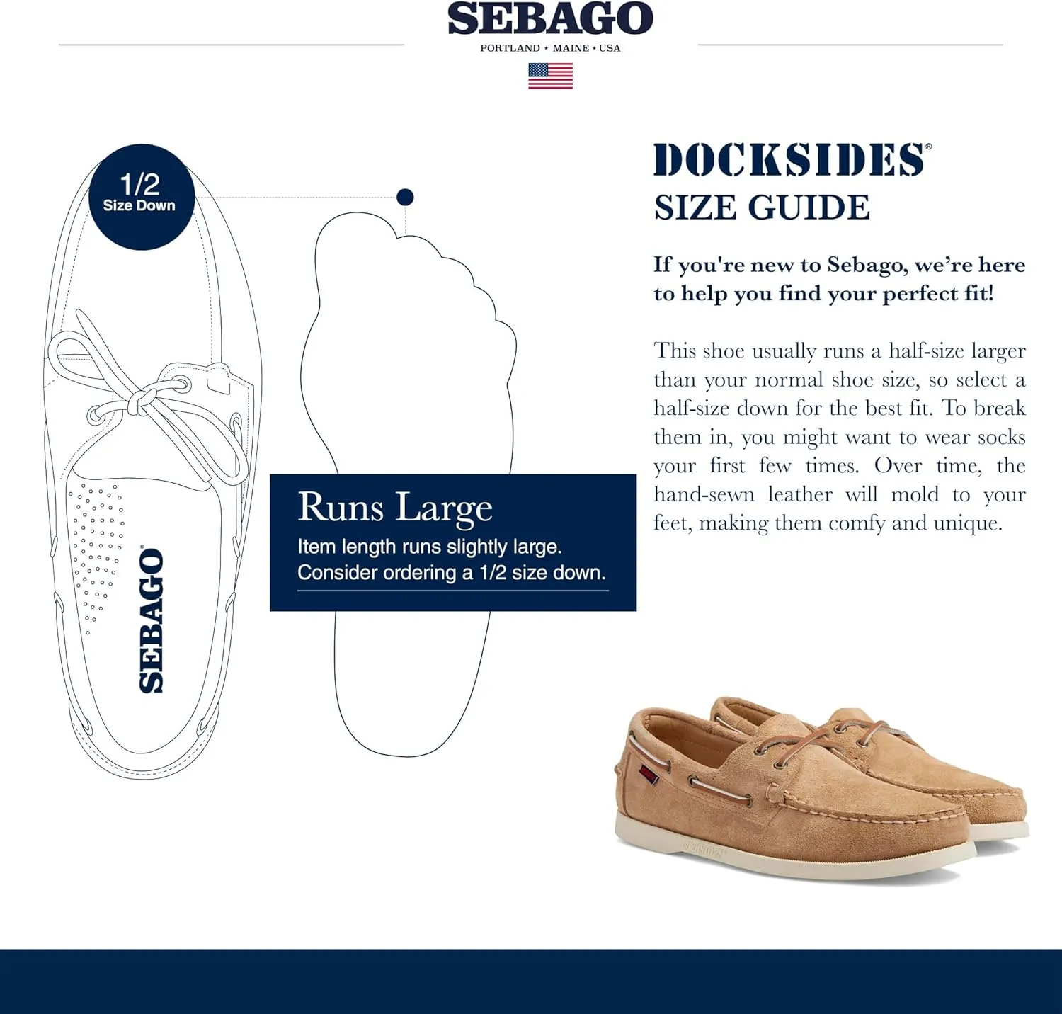 Sebago Portland Roughout Boat Shoes - Handsewn Roughout Leather Moccasins with Leather Sock Lining and Non-Marking, Non-Slip Siped Rubber Outsoles