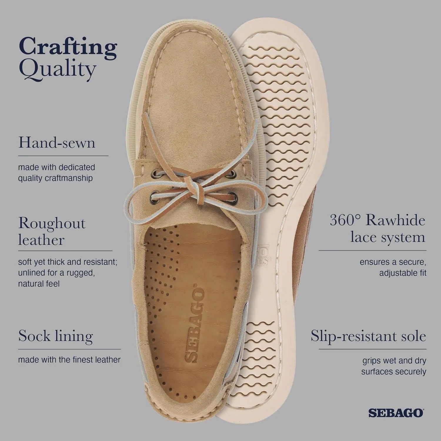 Sebago Portland Roughout Boat Shoes - Handsewn Roughout Leather Moccasins with Leather Sock Lining and Non-Marking, Non-Slip Siped Rubber Outsoles