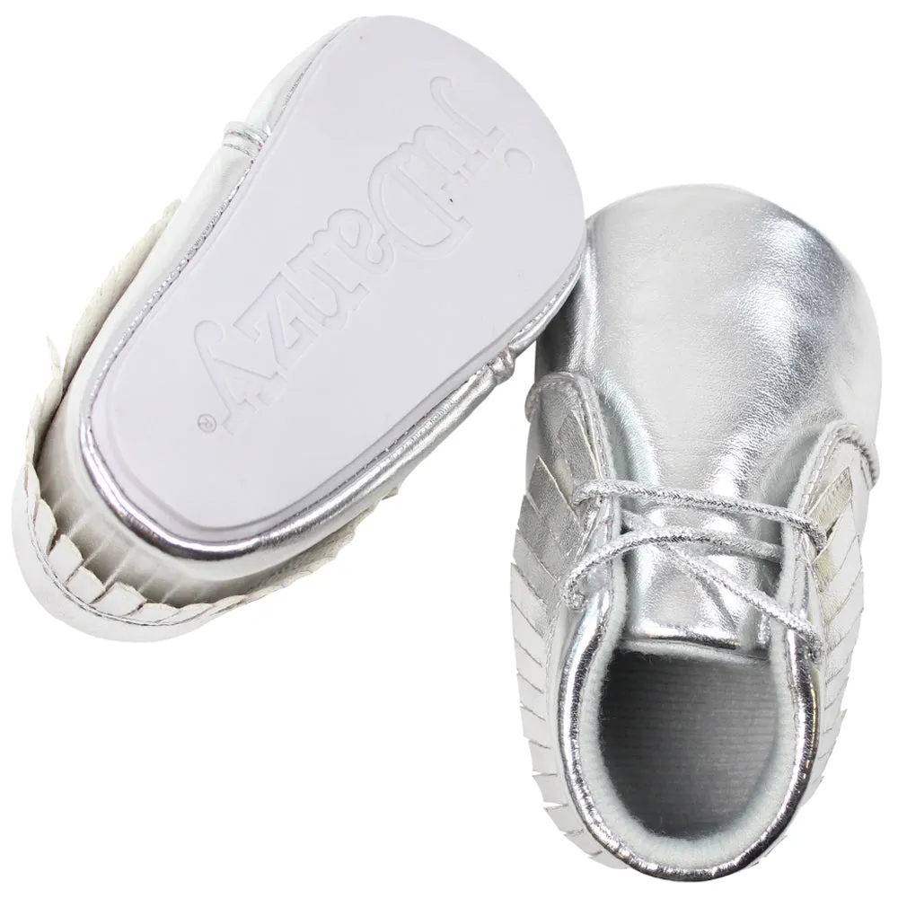 Silver Moccasins with Fringe & Laces | Baby Sizes 3 4 or 6