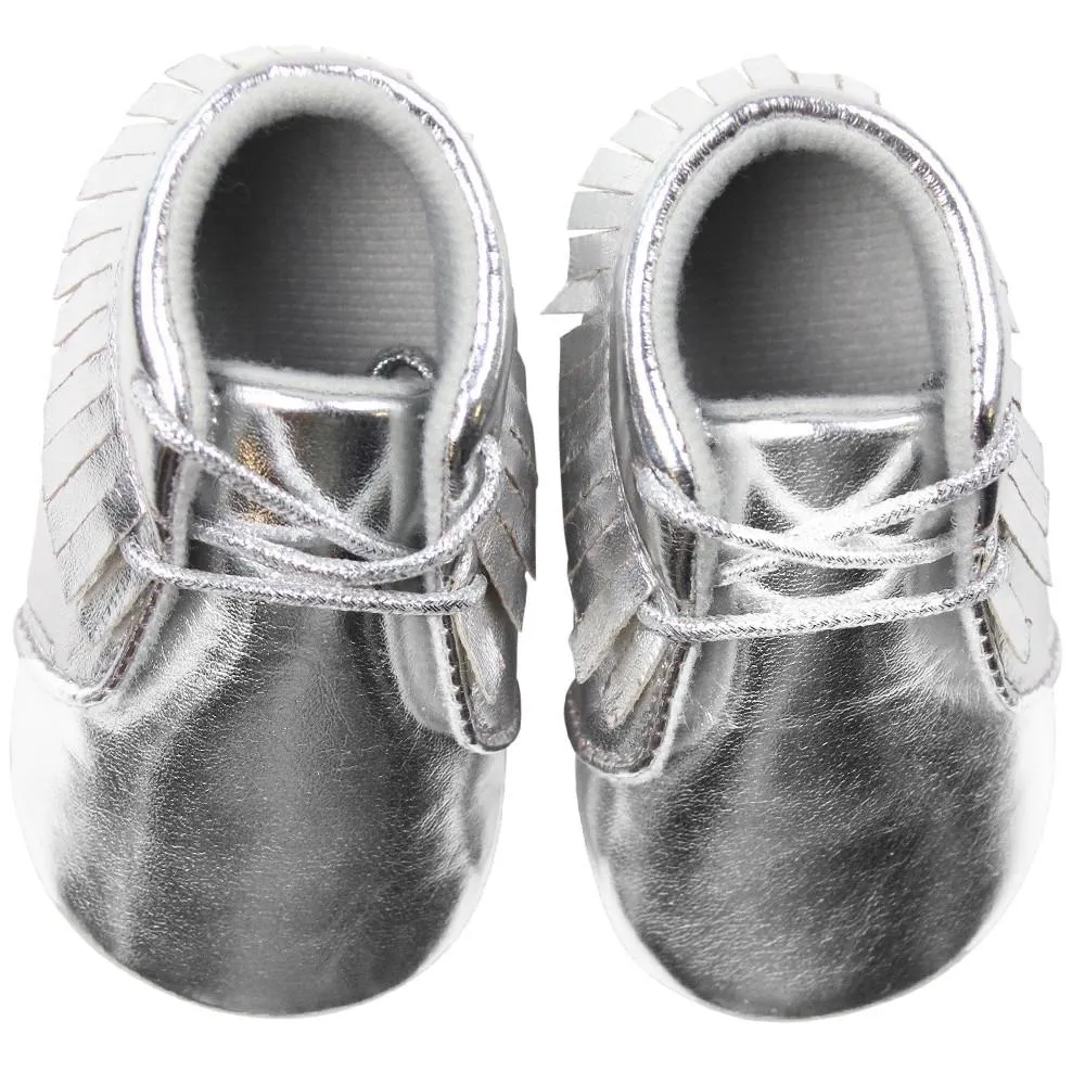 Silver Moccasins with Fringe & Laces | Baby Sizes 3 4 or 6