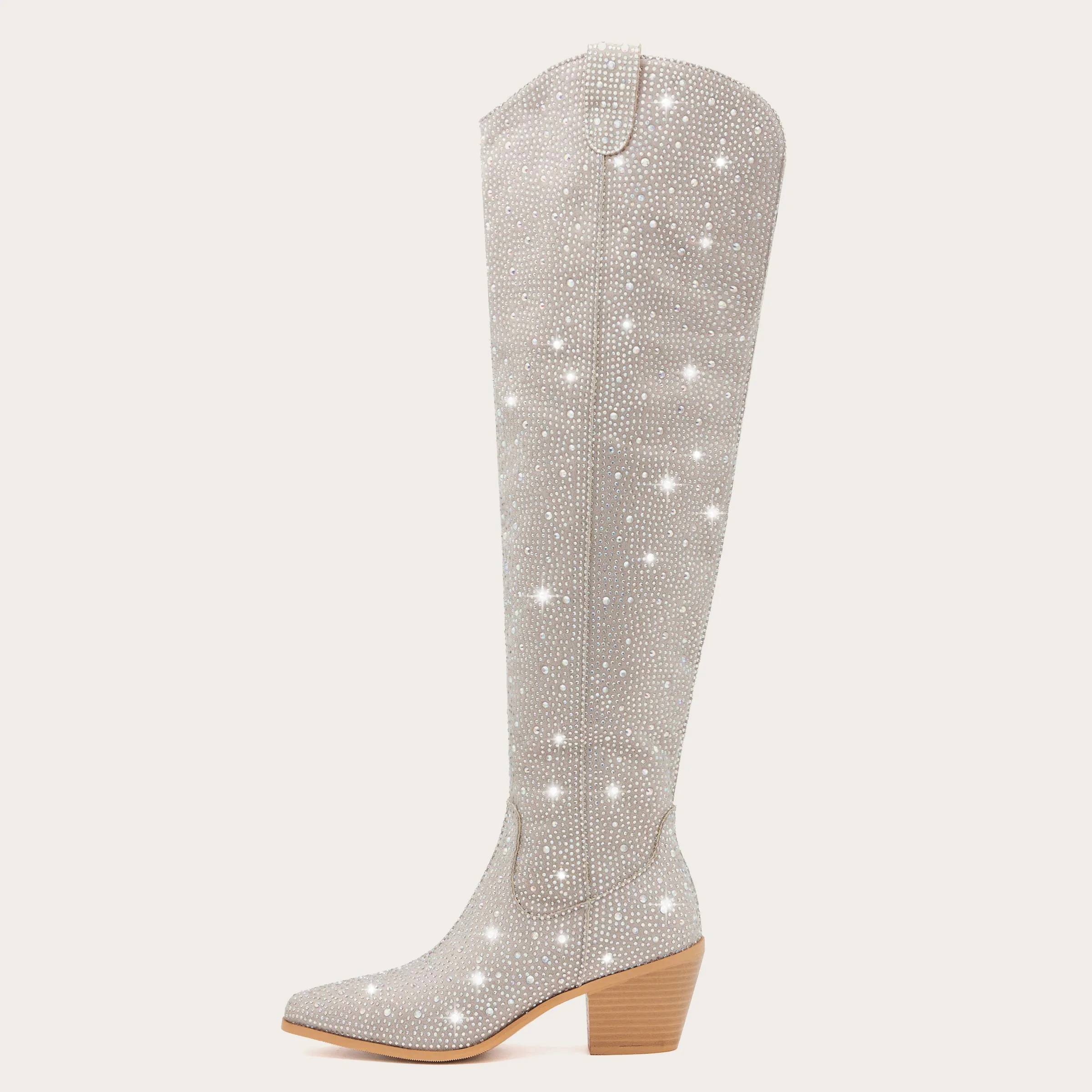 Stella - Crystal Studded Knee-High Boots with Sleek Western Design