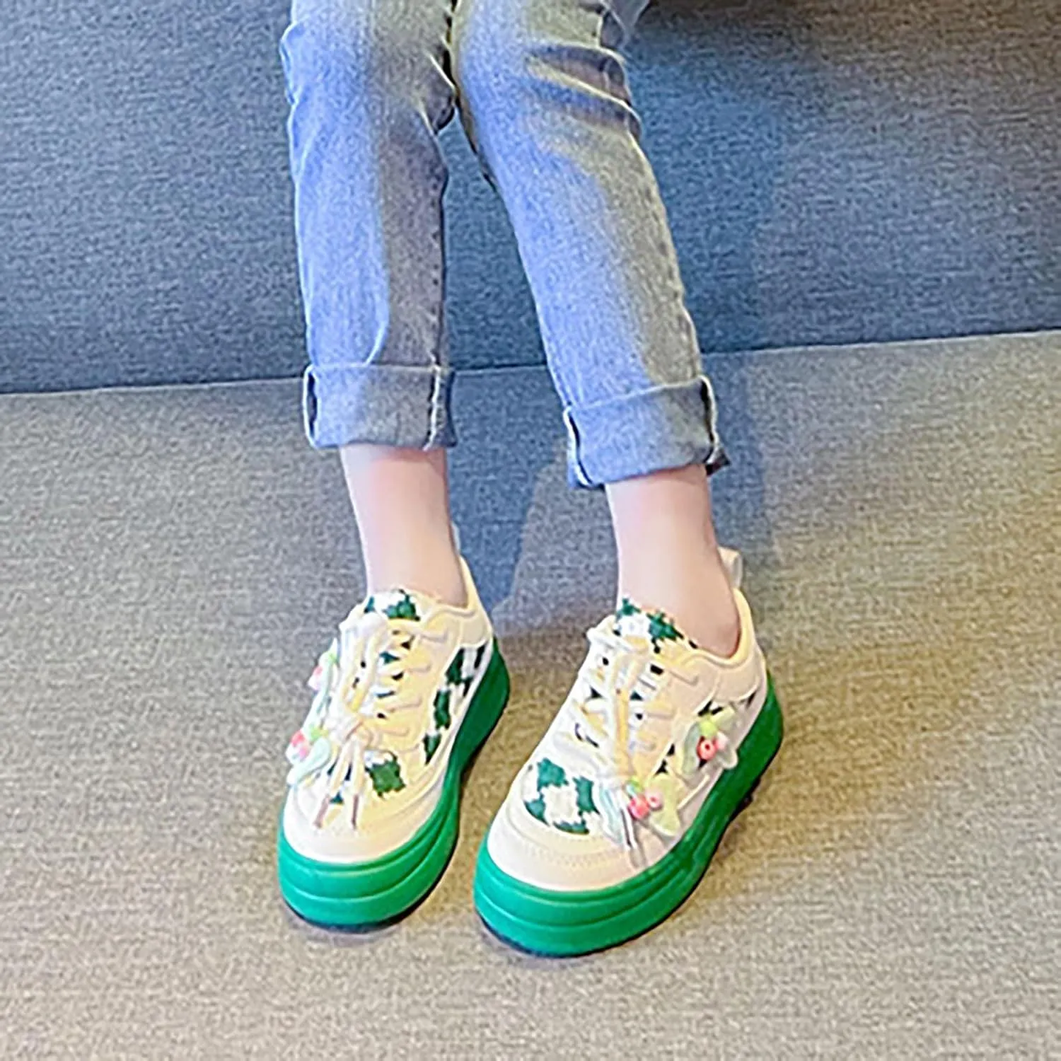 Toddler Kids Lace-Up Fashion Sneakers with Bow Girls Platform Sneakers Tennis Walking Shoes Lightweight