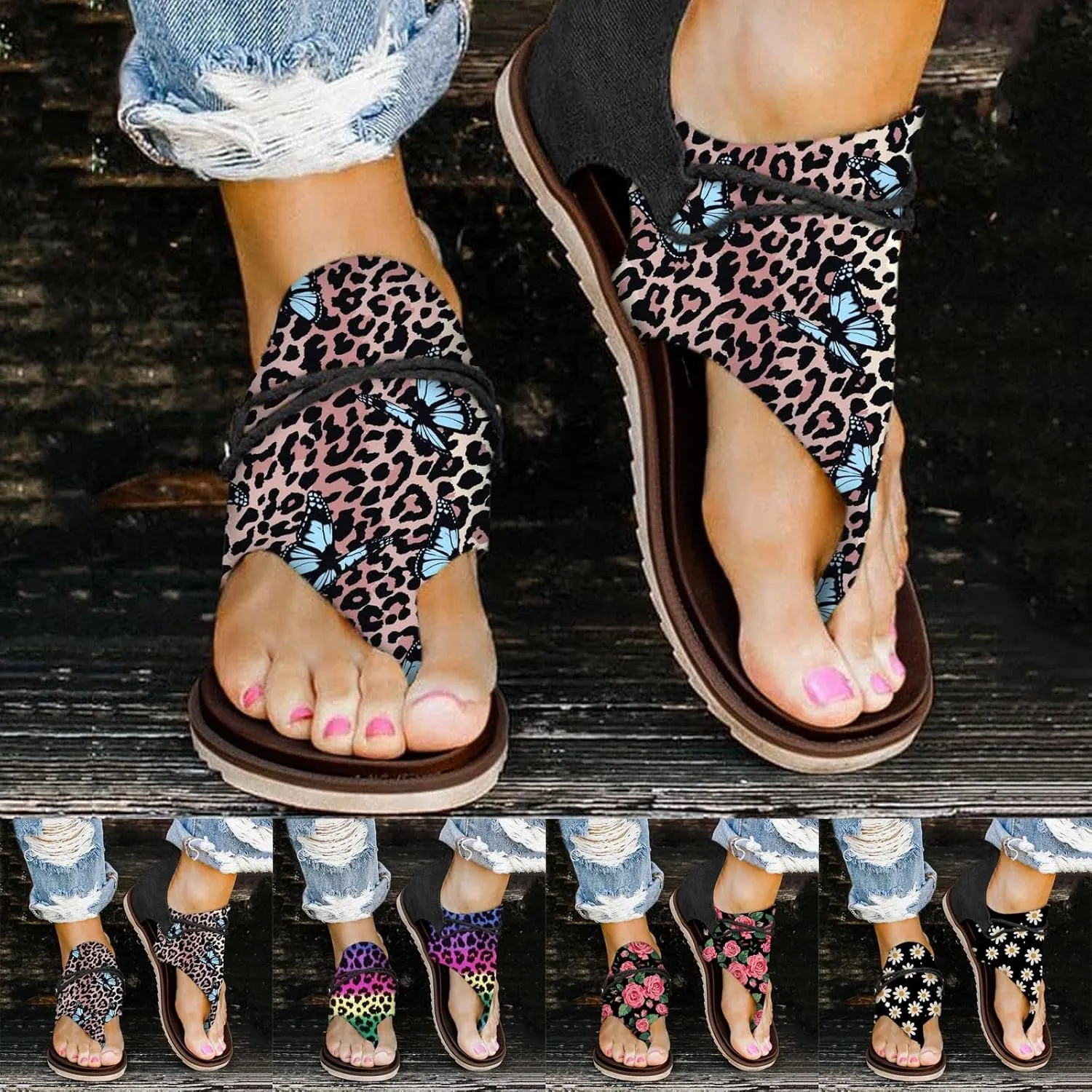 Women's Sandals Dressy, Womens Wedge Sandals Arch Support Slip On Orthopedic Flip Flops Flat Clip Toe Sandals