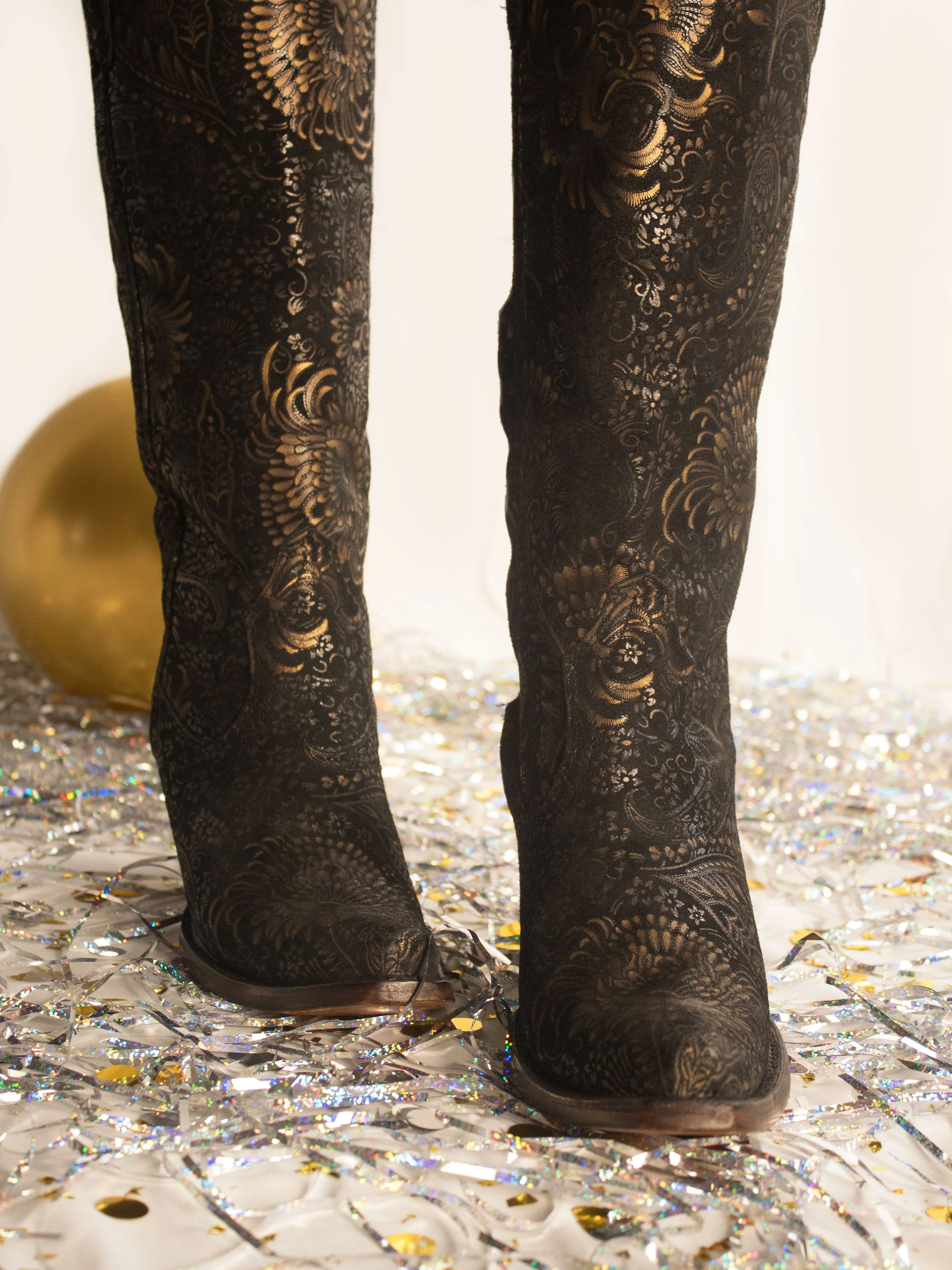Women's Stamped Floral Suede Tall Top Western Boots