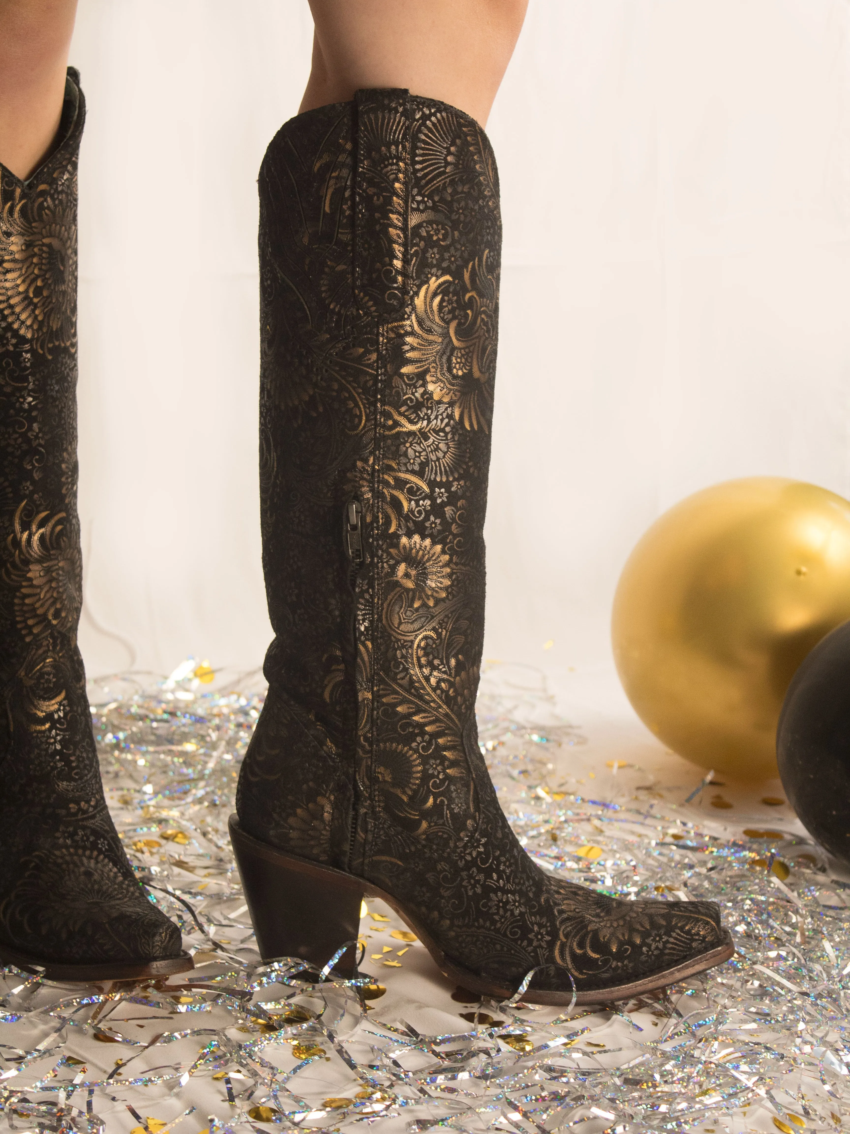 Women's Stamped Floral Suede Tall Top Western Boots