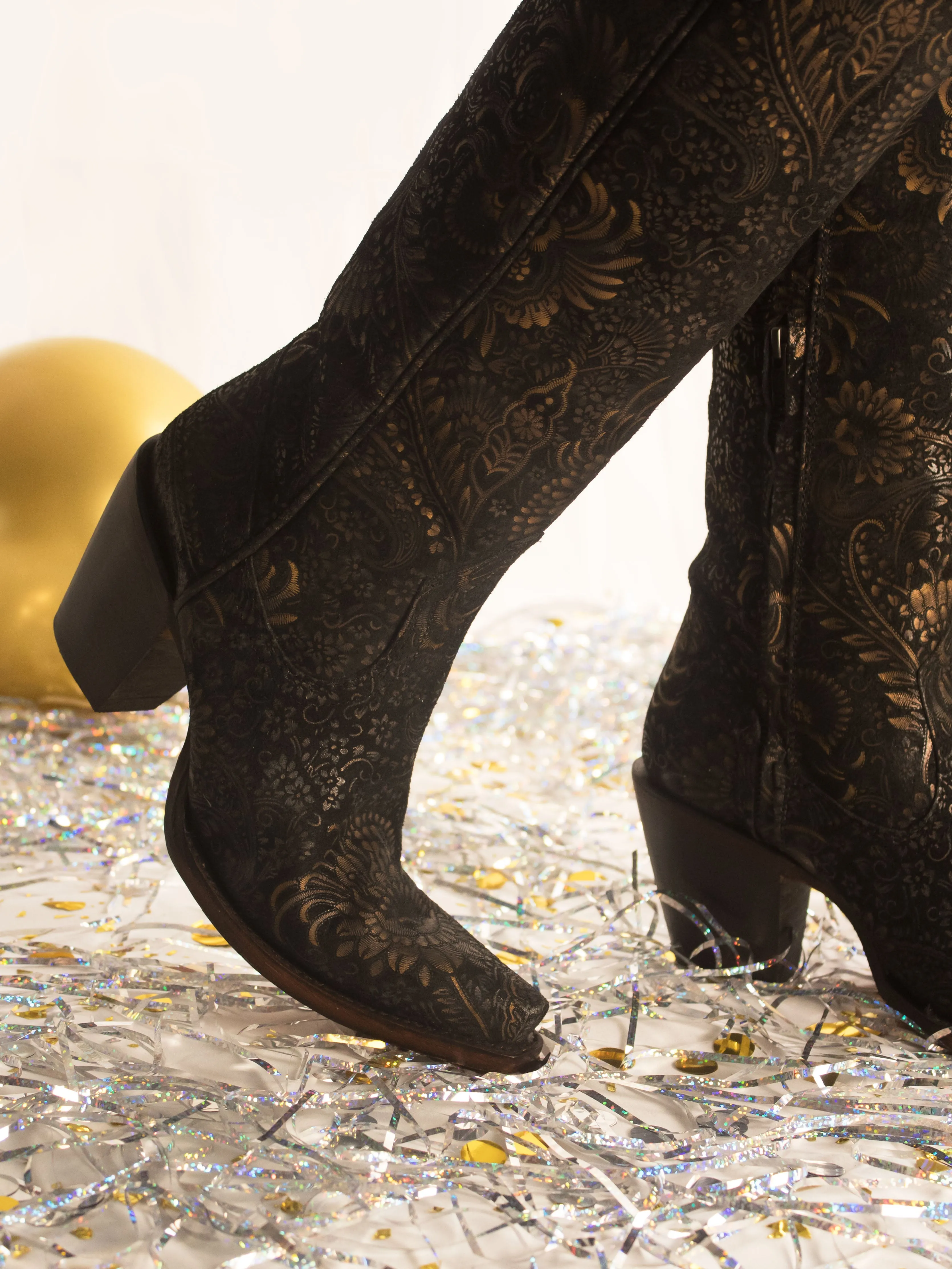 Women's Stamped Floral Suede Tall Top Western Boots